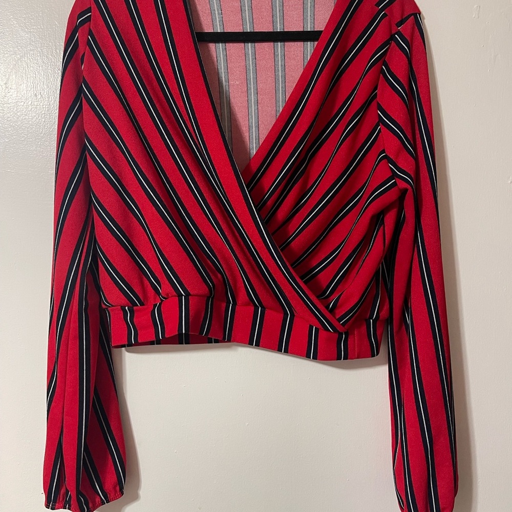 Elegant Red Striped V-Neck Blouse